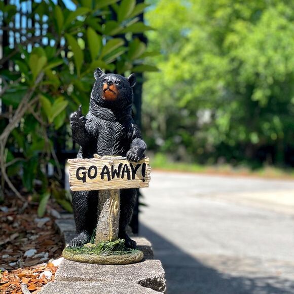 Rude Black Bear Statue with Go Away Sign 15 Resin Outdoor Garden Cabin Decor